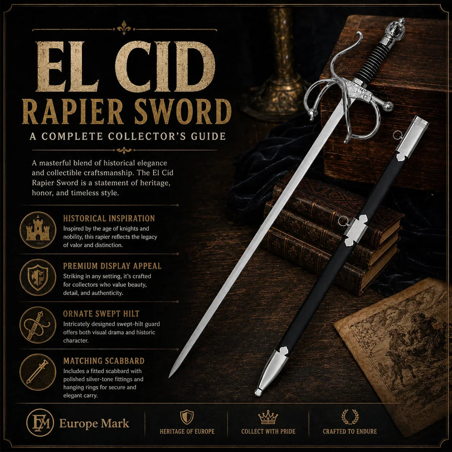 El Cid Rapier Sword with polished silver blade ornate swept hilt and black scabbard in medieval collector display