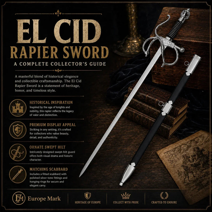El Cid Rapier Sword with polished silver blade ornate swept hilt and black scabbard in medieval collector display