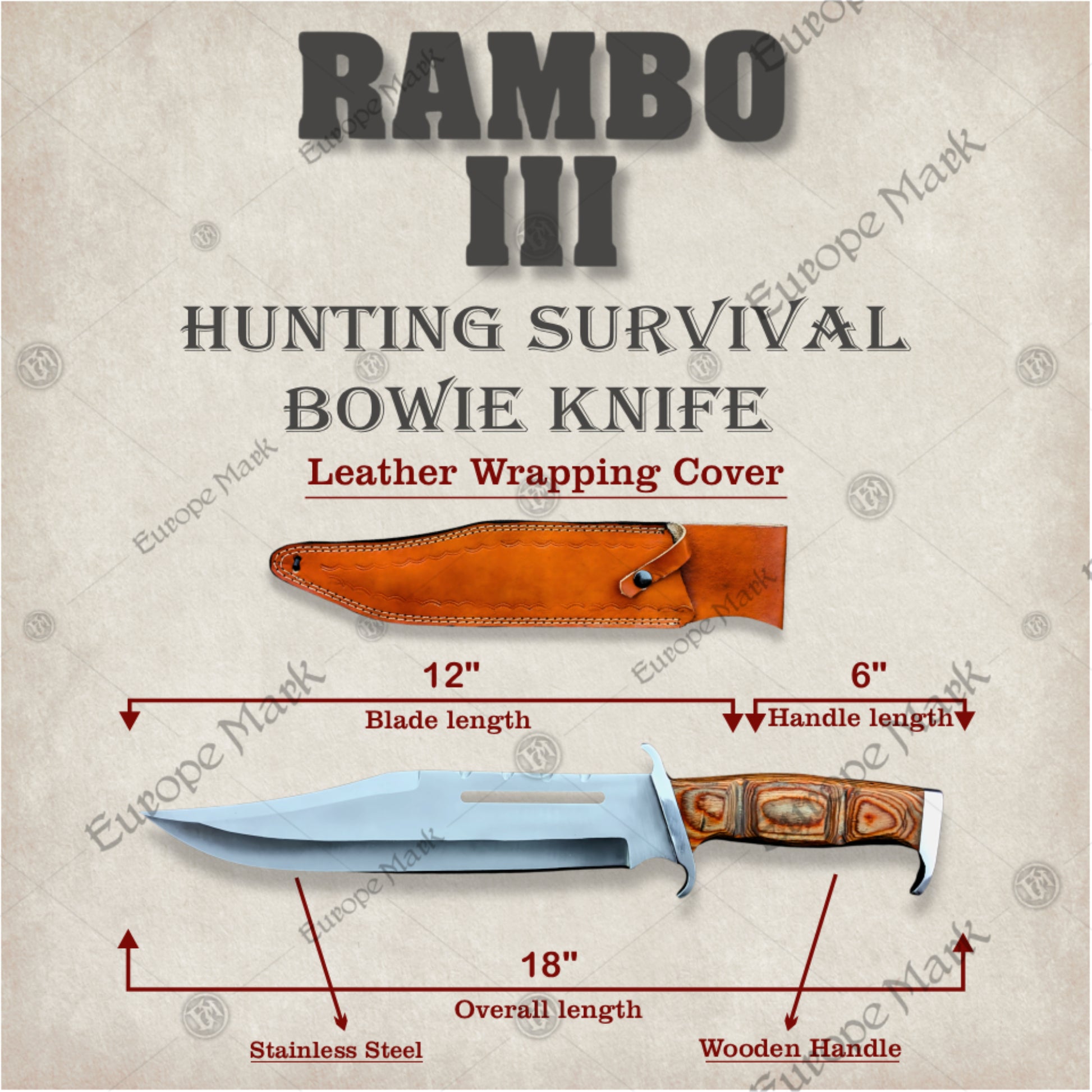 Premium Rambo III Bowie Knife Cosplay Replica with Walnut Stand