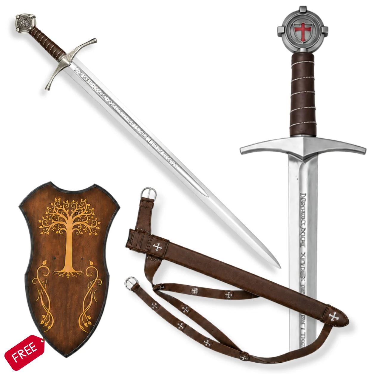 Accolade Knights Templar Sword Replica with brown scabbard, shoulder straps and free decorative shield on white background