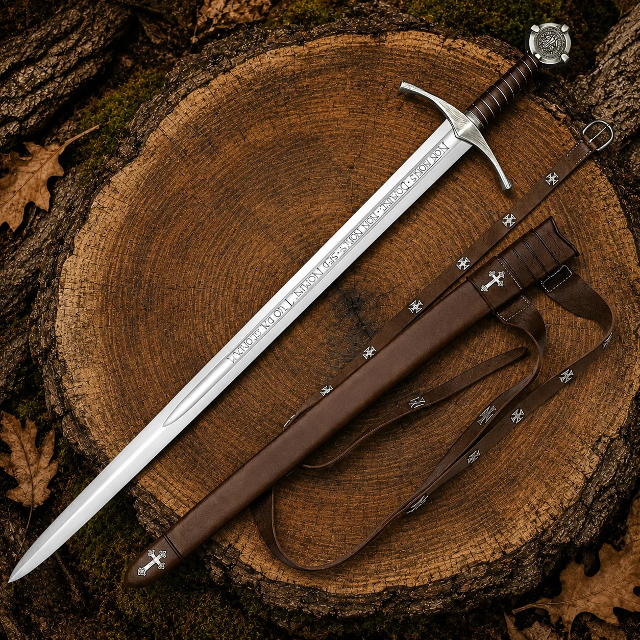 Accolade Knights Templar Sword Replica with engraved blade and brown leather-covered scabbard displayed on a tree stump
