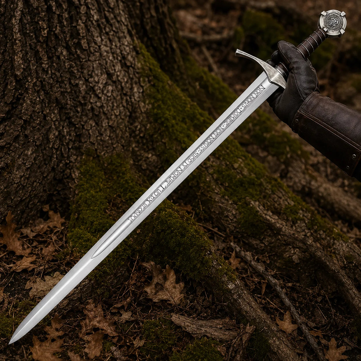 Gloved model presenting the Accolade Knights Templar Sword Replica with Latin-inscribed blade in a woodland setting