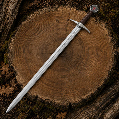 Full-length Accolade Knights Templar Sword Replica with silver guard and brown wrapped handle displayed on a tree stump