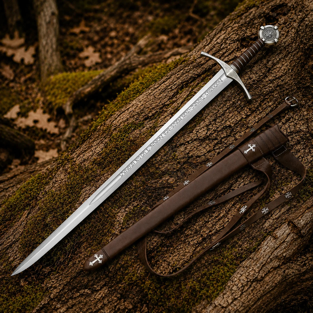 Accolade Knights Templar Sword Replica and matching brown scabbard arranged on a moss-covered woodland log