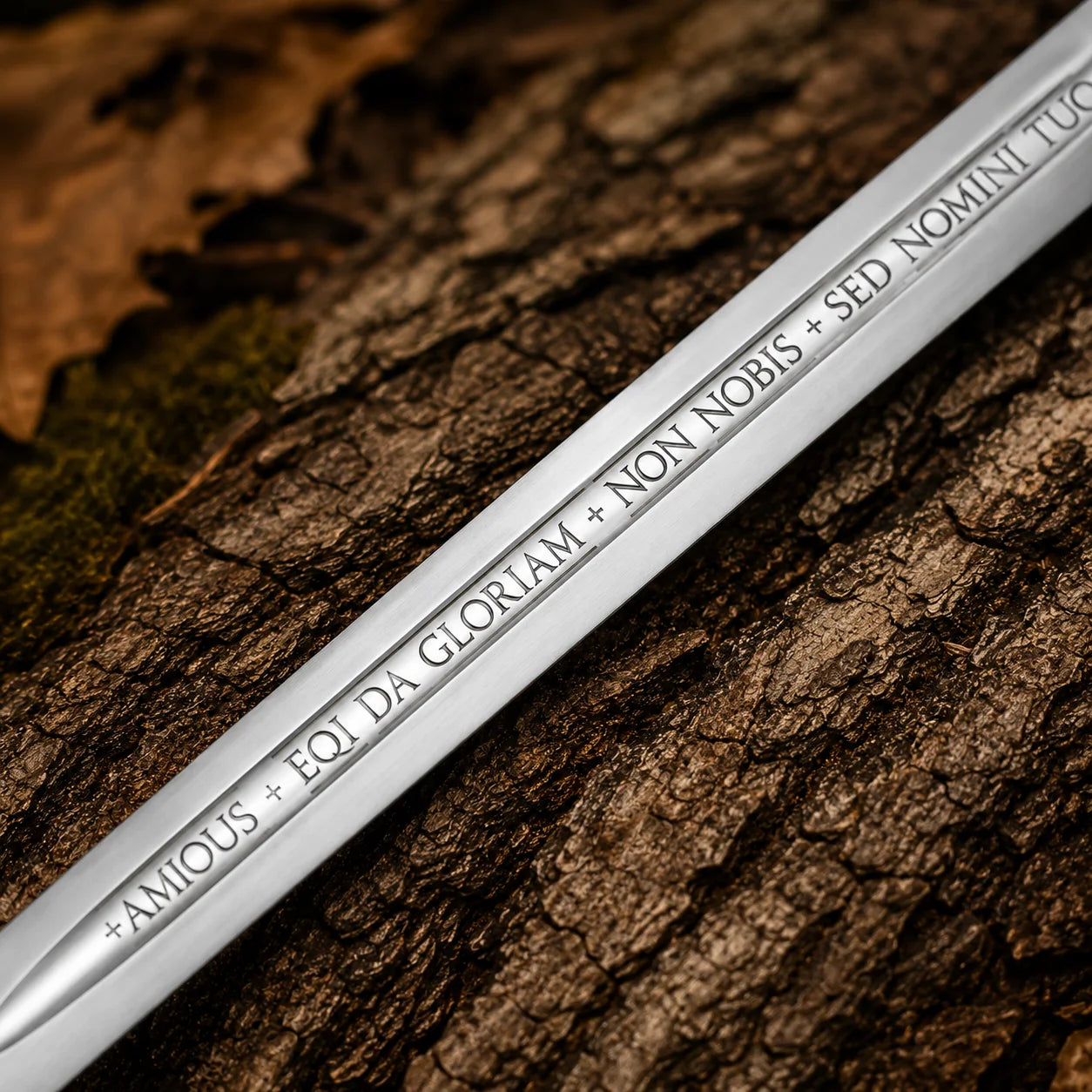 Close-up of the Latin inscription engraved along the Accolade Knights Templar Sword Replica blade
