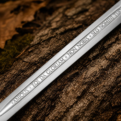 Close-up of the Latin inscription engraved along the Accolade Knights Templar Sword Replica blade