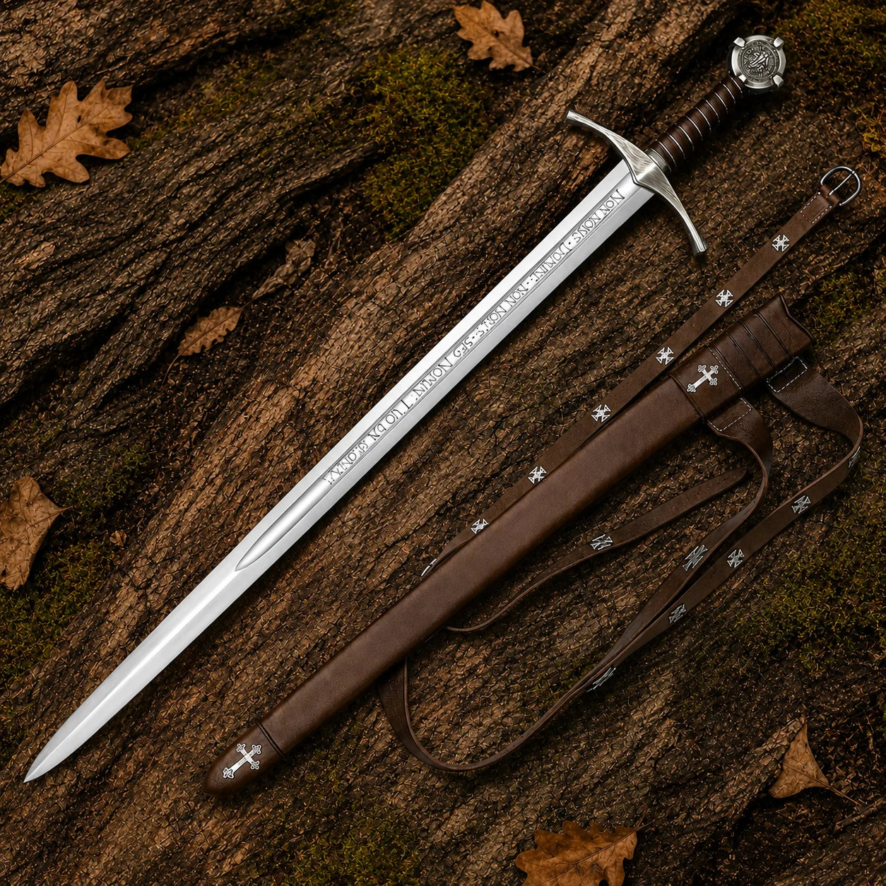 Accolade Knights Templar Sword Replica with brown leather-covered scabbard and shoulder straps displayed on forest bark