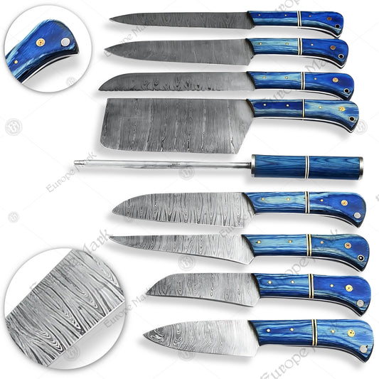 Premium Aegir Damascus 9-Piece Chef Knife Set with Oak Block