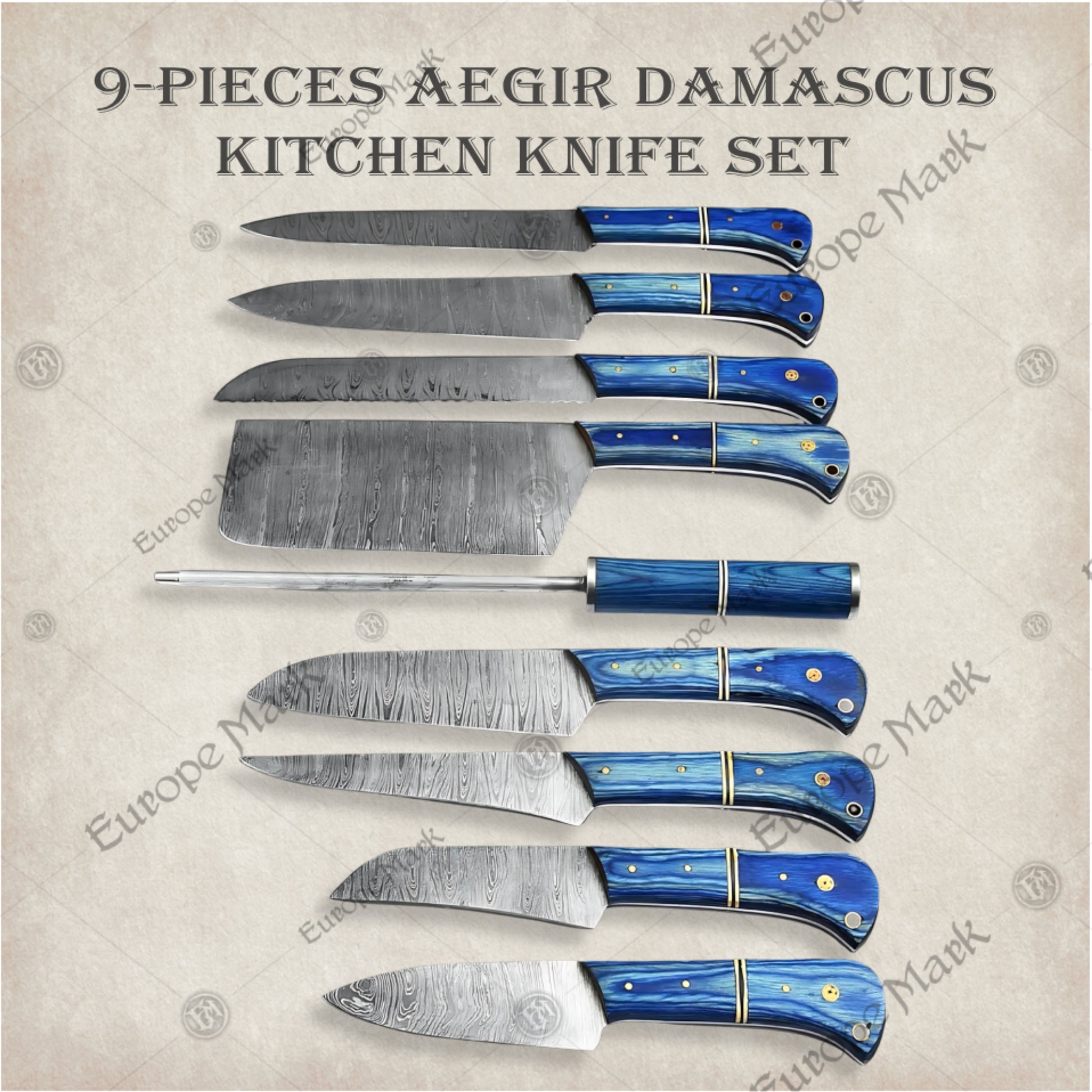 Premium Aegir Damascus 9-Piece Chef Knife Set with Oak Block