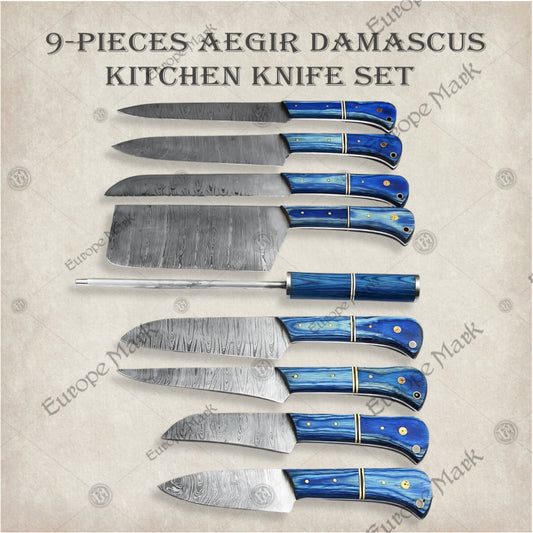 Premium Aegir Damascus 9-Piece Chef Knife Set with Oak Block