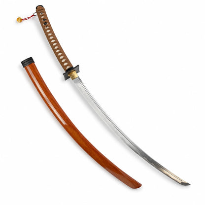 Afro Samurai-inspired Tachi katana displayed beside its reddish-brown scabbard on a clean white background
