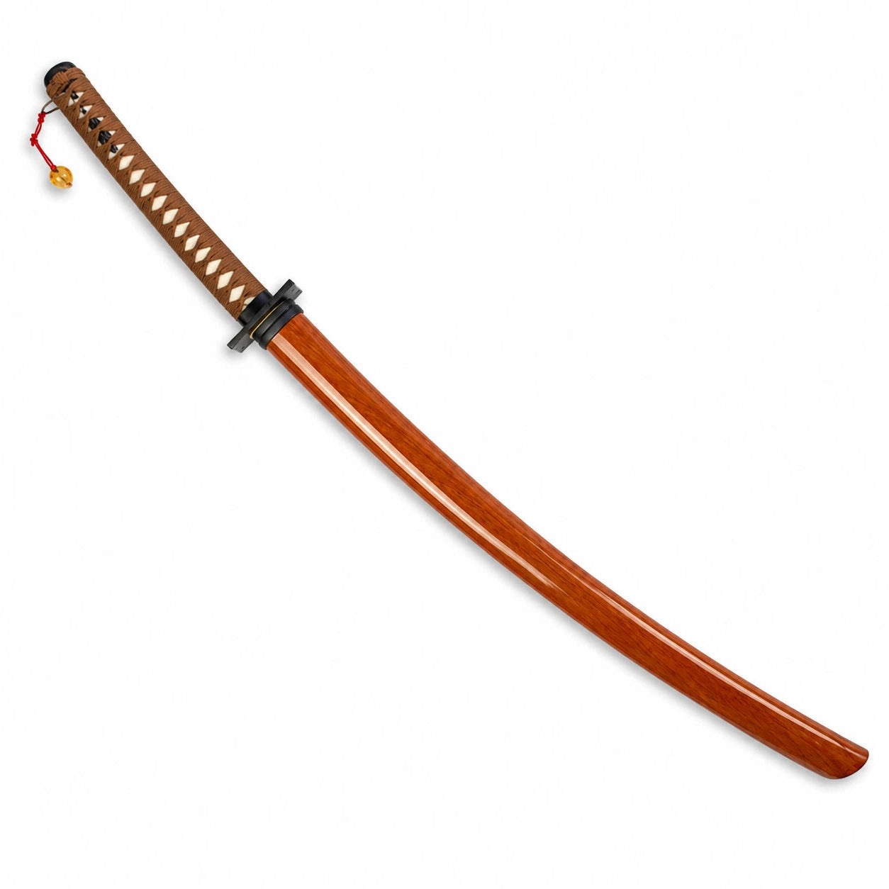 Sheathed Afro Tachi katana with brown wrapped rayskin grip, black guard and red decorative pommel cord