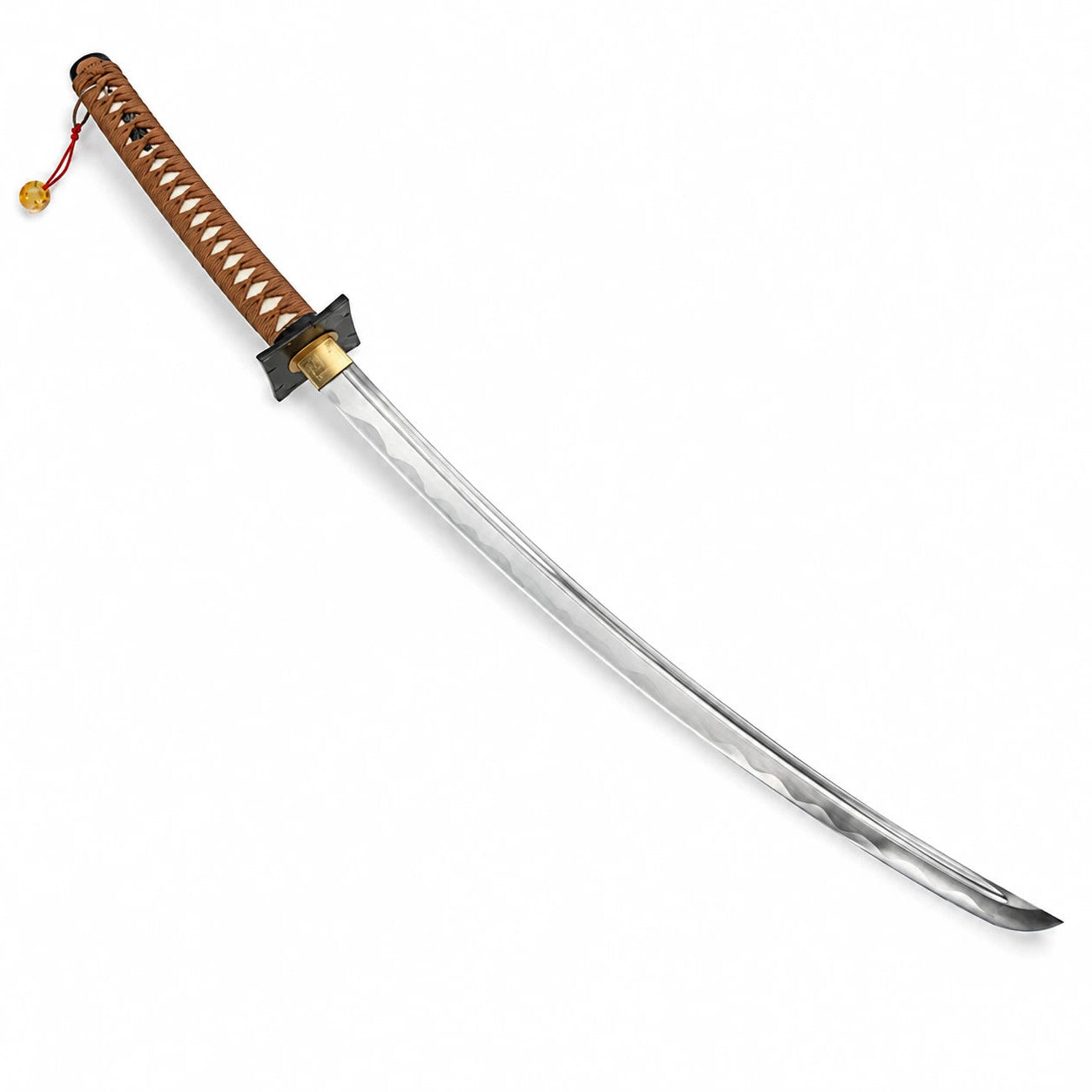 Unsheathed Afro Samurai katana showing its long curved polished blade, brown handle wrap and black angular guard