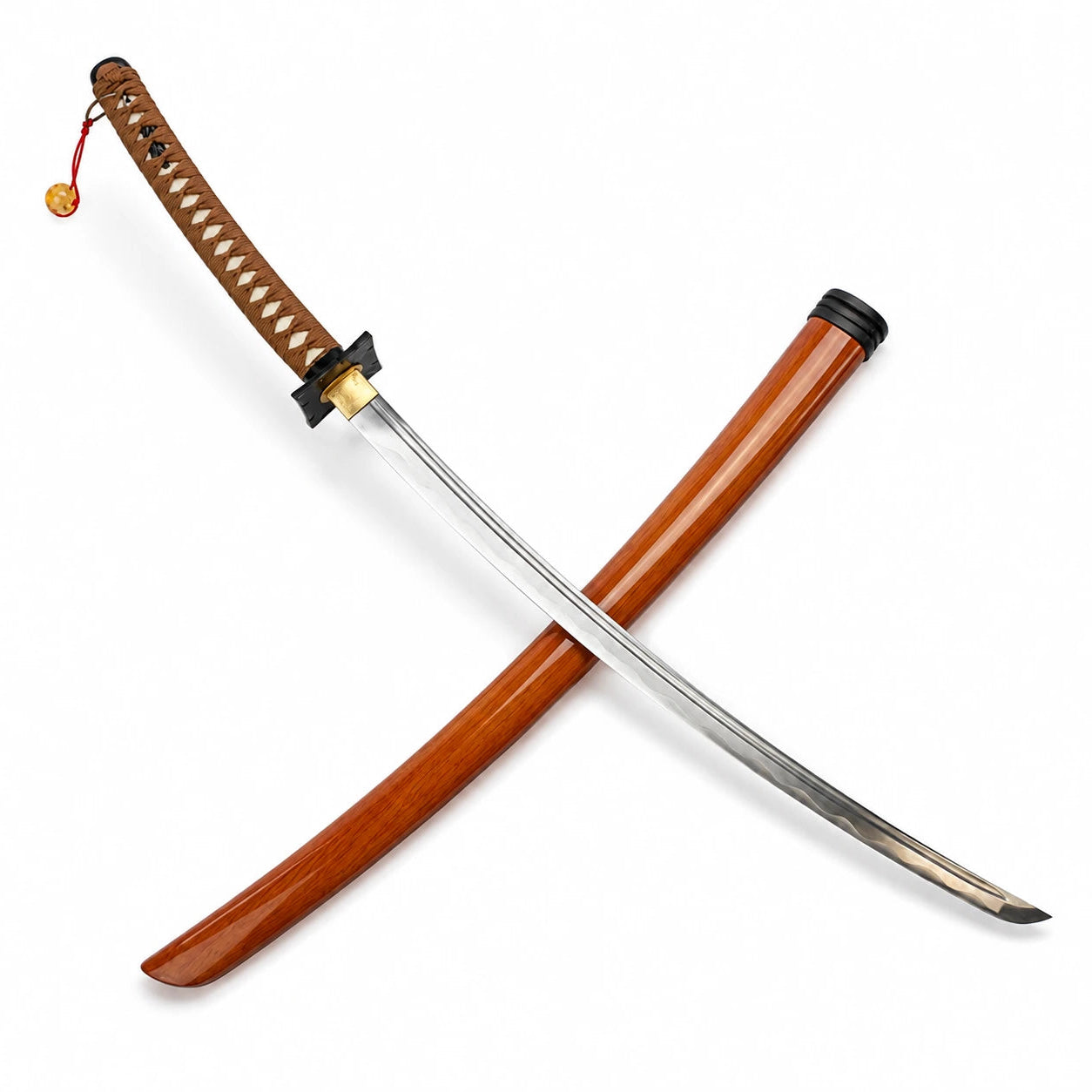 Diagonal crossed display of Afro Tachi sword and reddish-brown scabbard with silver, black and gold detailing