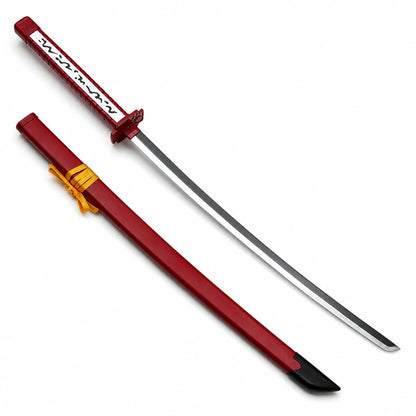 Akame Murasame katana displayed beside its deep-red scabbard with dull two-tone steel blade on white background