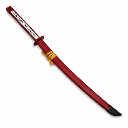 Fully sheathed Murasame anime katana showing red scabbard, gold cord and white handle panel with black markings