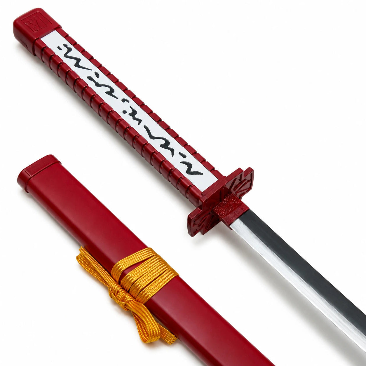Close-up of Akame Murasame sword handle, red guard, black markings and golden cord on matching red scabbard