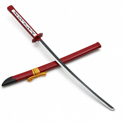 Crossed Akame Murasame katana and red scabbard highlighting the long two-tone blade and distinctive red handle