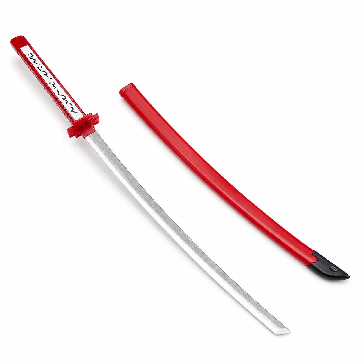 Akame Murasame wooden katana beside red scabbard, showing silver-finished blade and red white black handle