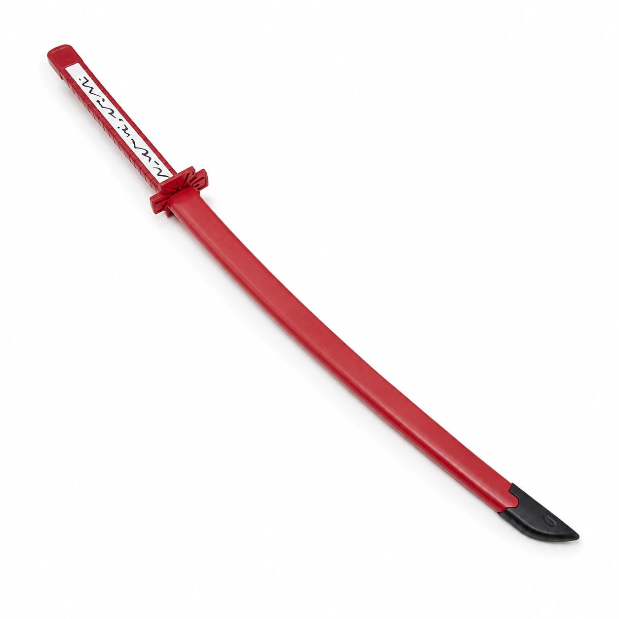 Fully sheathed Murasame cosplay sword with long red scabbard, black tip and distinctive white patterned handle