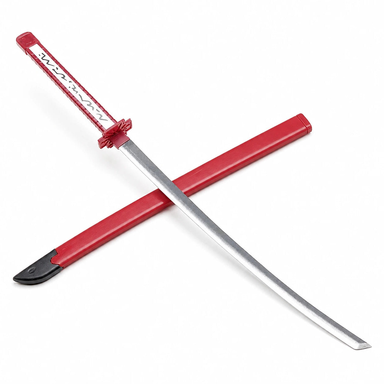 Crossed display of Akame Murasame wooden sword and red scabbard highlighting full-length cosplay prop design