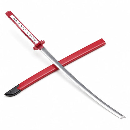 Crossed display of Akame Murasame wooden sword and red scabbard highlighting full-length cosplay prop design