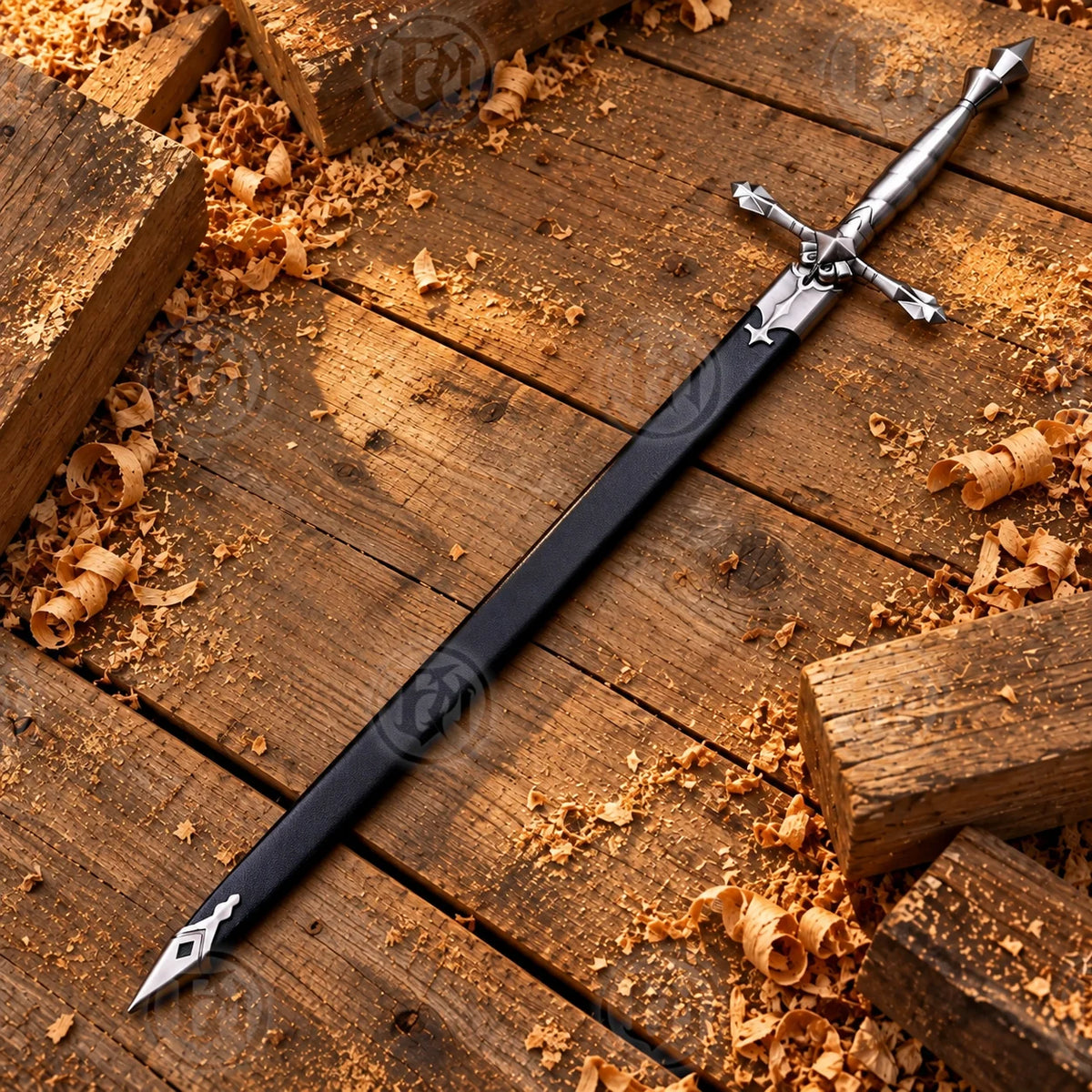 Alucard sword in black scabbard showing decorative silver fittings and gothic fantasy hilt design