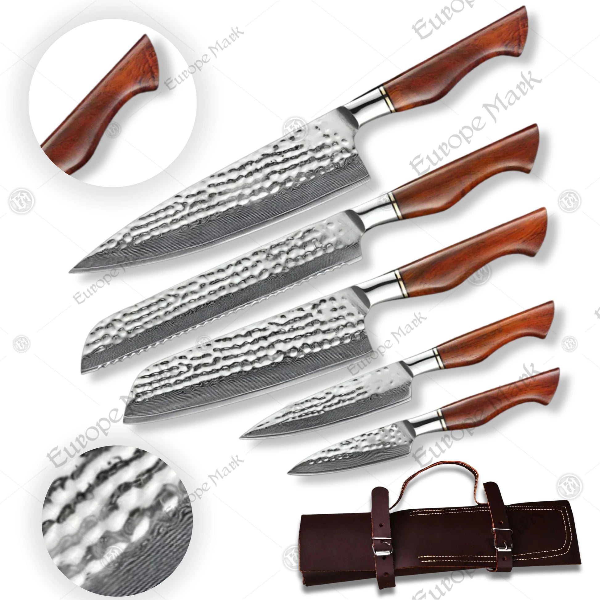 Premium Amaranthus Damascus Chef Knife Set with Walnut Block