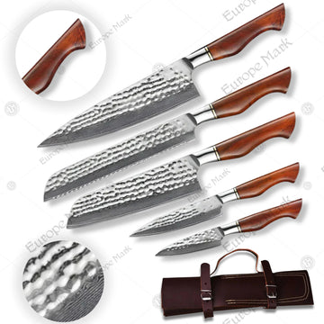 Premium Amaranthus Damascus Chef Knife Set with Walnut Block