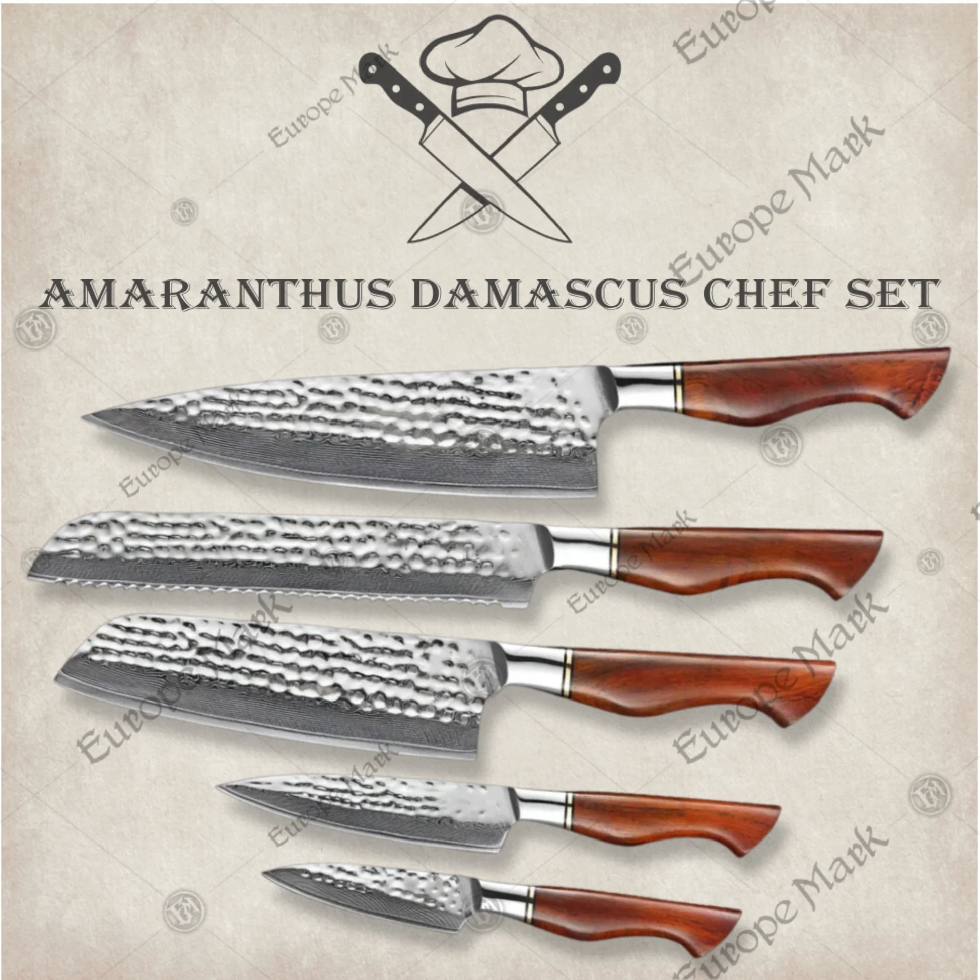 Premium Amaranthus Damascus Chef Knife Set with Walnut Block