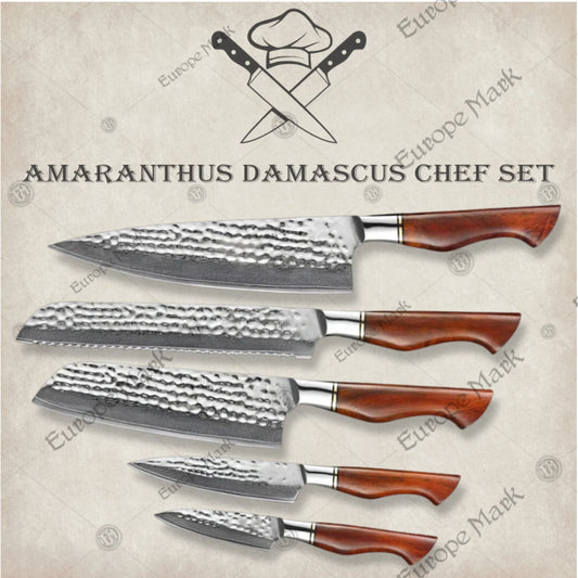 Premium Amaranthus Damascus Chef Knife Set with Walnut Block