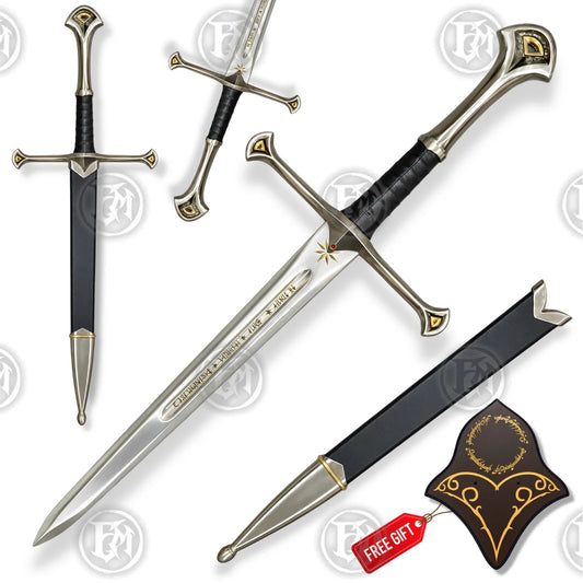 Anduril Narsil Flame of the West dagger replica with engraved blade, black scabbard and fantasy display plaque