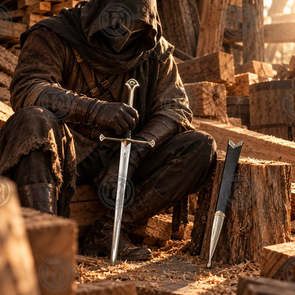 Hooded collector displaying the Anduril dagger replica beside its black scabbard in a rustic timber setting