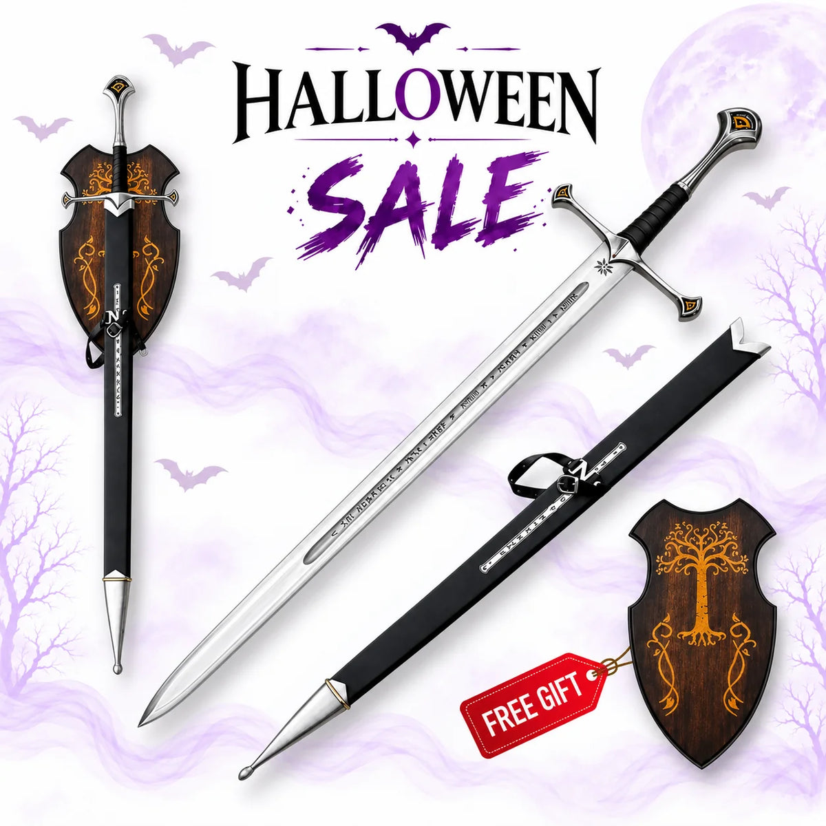Anduril Sword of King Elessar 45-inch Lord of the Rings replica with engraved silver blade, black scabbard and wooden Gondor-style wall plaque in Halloween sale.