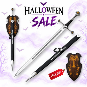 Anduril Sword of King Elessar 45-inch Lord of the Rings replica with engraved silver blade, black scabbard and wooden Gondor-style wall plaque in Halloween sale.