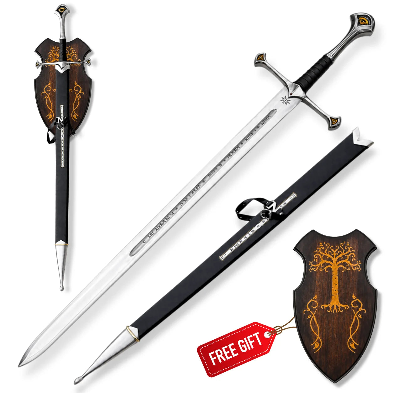 45 inch Anduril Sword of King Elessar set on white with engraved blade, black scabbard and wooden Gondor-style wall plaque