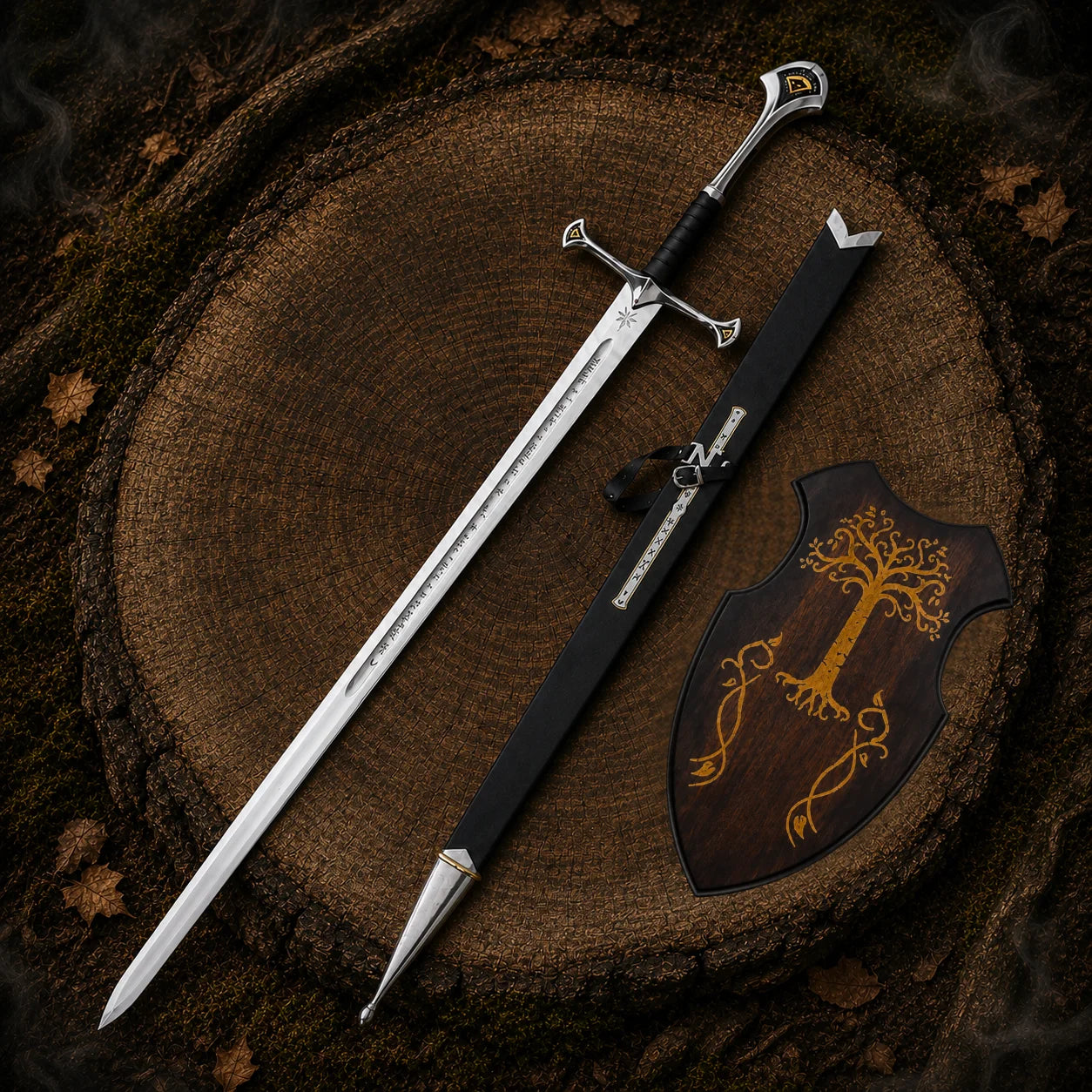 Anduril Sword of King Elessar with black scabbard and gold Tree motif wall mount arranged on a woodland tree stump