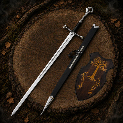 Anduril Sword of King Elessar with black scabbard and gold Tree motif wall mount arranged on a woodland tree stump