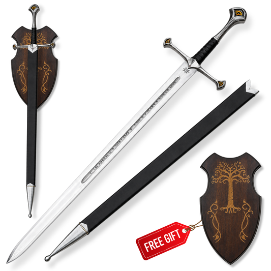 Anduril sword replica with black scabbard and decorative wooden wall plaque shown as a complete collector display set