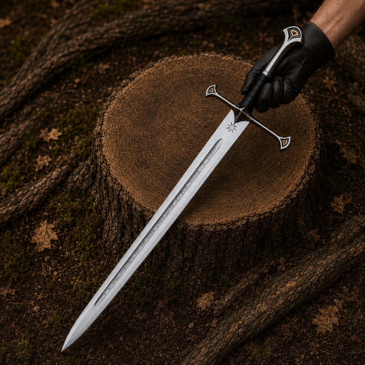 Full Aragorn-inspired Anduril sword held by a black leather-gloved hand over a woodland tree stump
