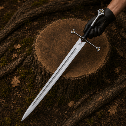 Full Aragorn-inspired Anduril sword held by a black leather-gloved hand over a woodland tree stump