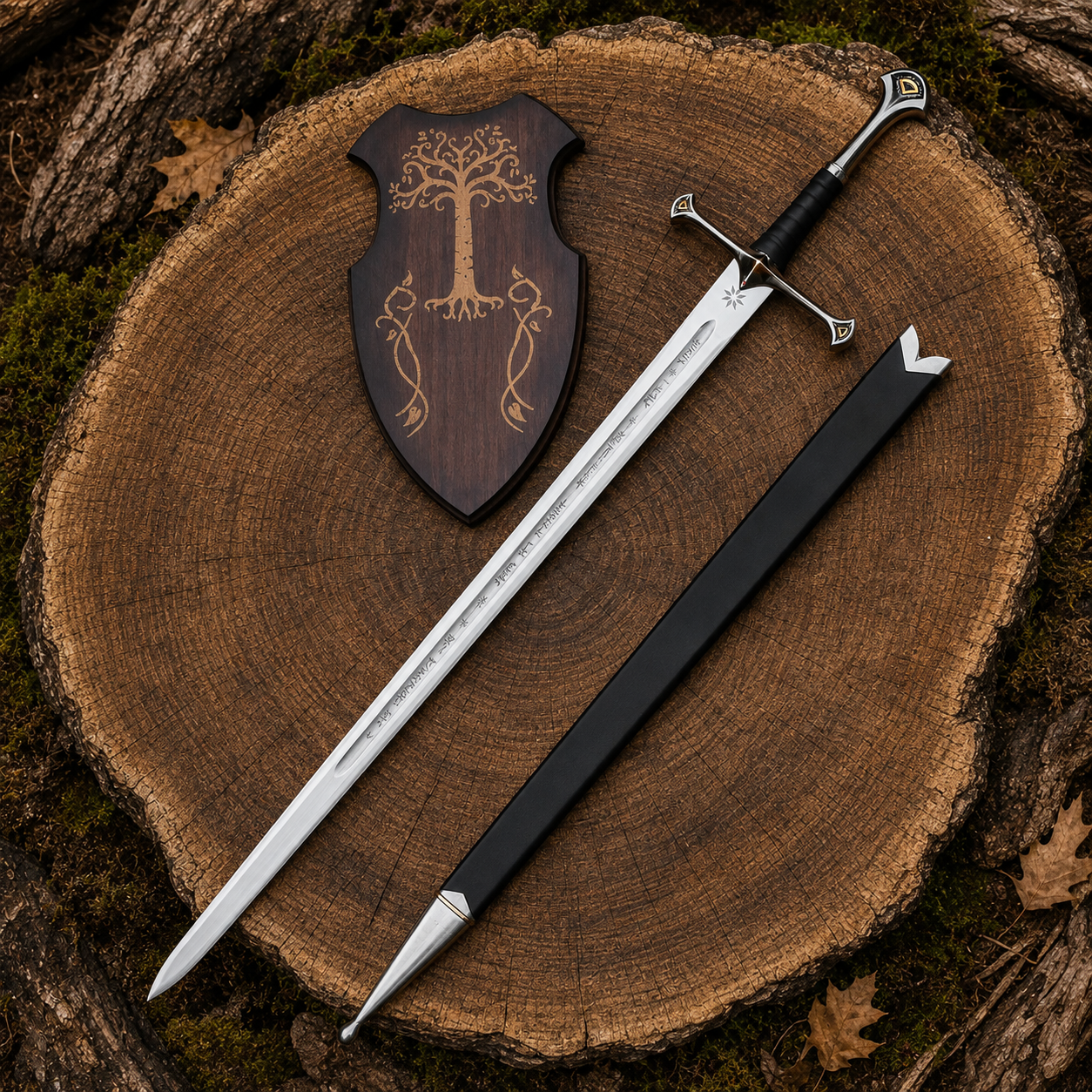 Anduril sword replica with matching black scabbard and wooden Tree of Gondor-style wall plaque on a tree stump
