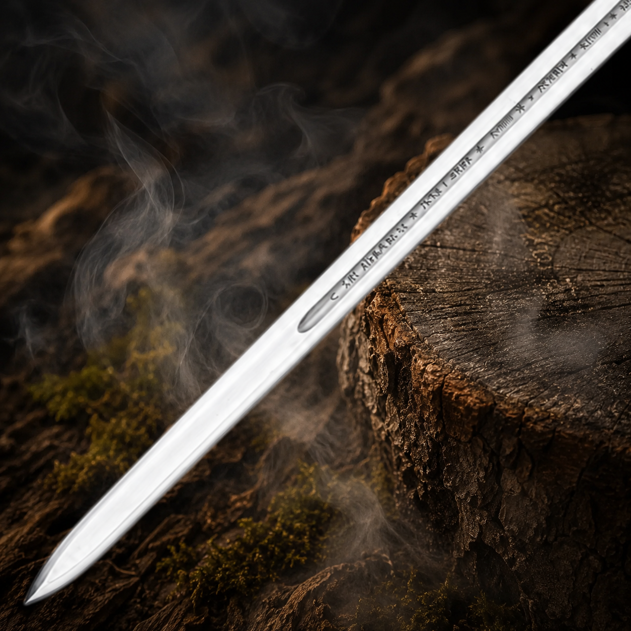 Close-up of Anduril sword blade showing polished silver finish, central fuller and engraved fantasy rune-style markings