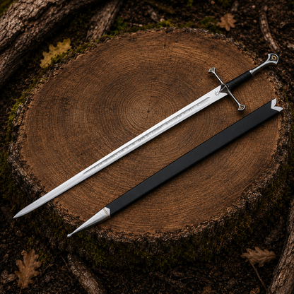 Aragorn-inspired Anduril sword and black scabbard arranged side by side on a large woodland tree stump