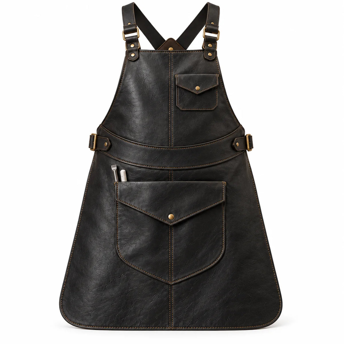 Front view of Anvil Arc black cowhide blacksmith leather apron with two flap pockets, tan stitching and antique brass-finish buckles.