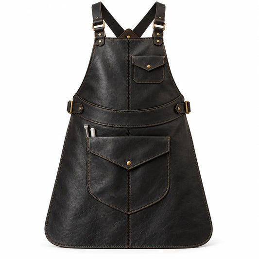 Front view of Anvil Arc black cowhide blacksmith leather apron with two flap pockets, tan stitching and antique brass-finish buckles.