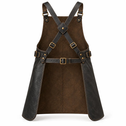 Rear view of Anvil Arc leather blacksmith apron showing dark brown leather underside, adjustable cross-back straps and waist buckle.