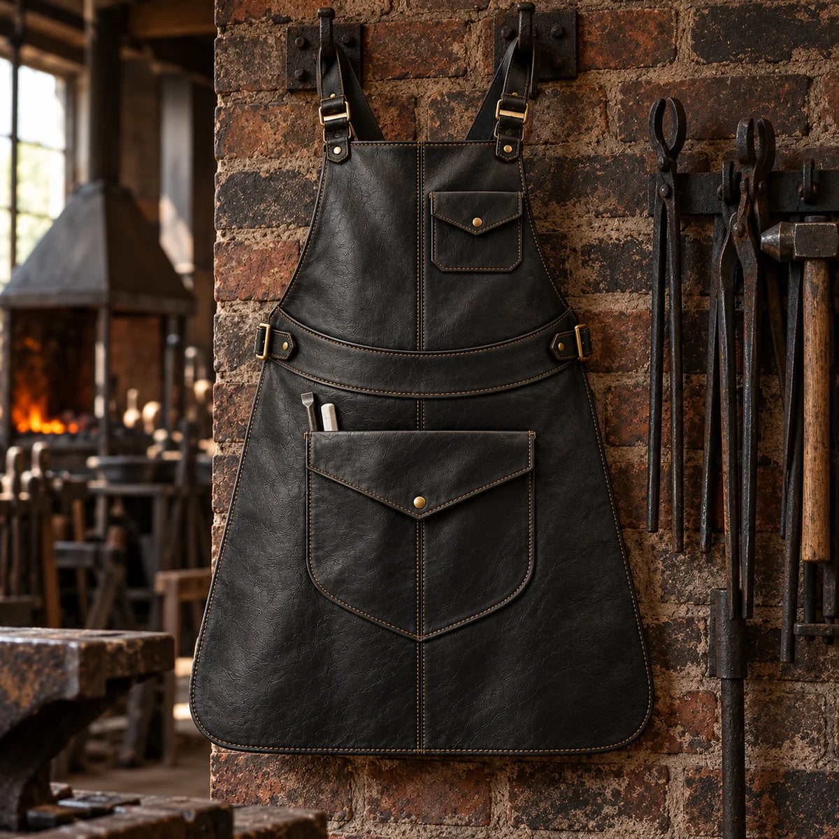 Obsidian black cowhide blacksmith apron hanging on a rustic brick forge wall beside traditional metalworking tools.