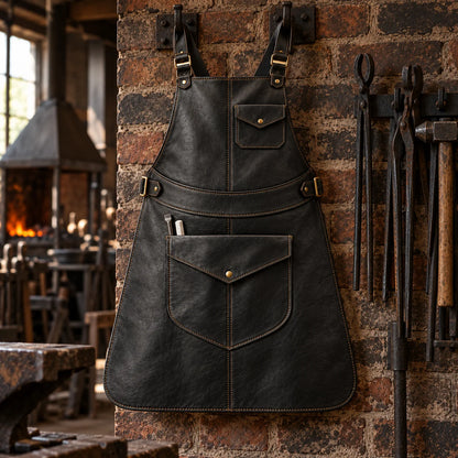 Obsidian black cowhide blacksmith apron hanging on a rustic brick forge wall beside traditional metalworking tools.