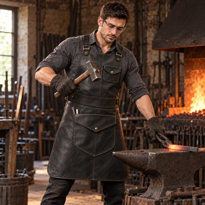 Blacksmith wearing the Anvil Arc black leather apron while working with a hammer and tongs beside a glowing forge and anvil.